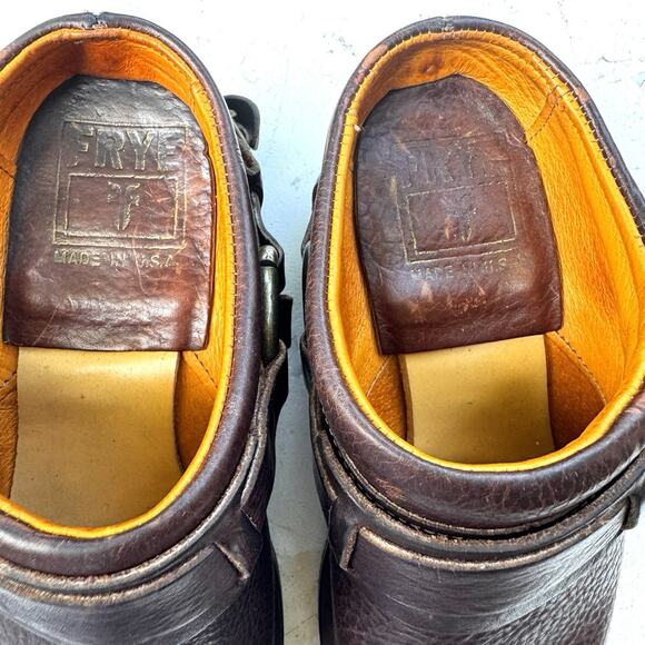 Vintage Frye Harness Chocolate Pebbled Leather Clogs | Brown Slip-On Mules USA - Picture 8 of 14